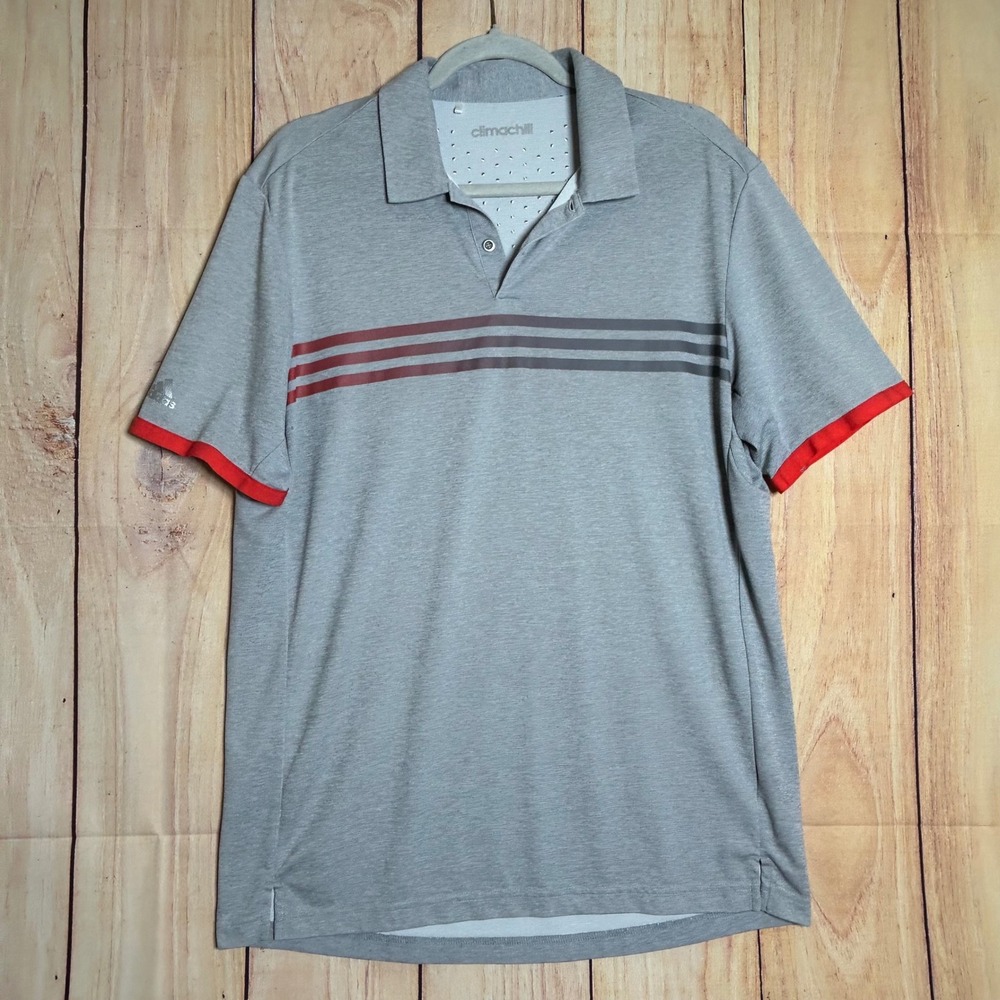 Adidas Climachill Polo Shirt Mens XL Grey Red Striped Golf Athletic Sporty